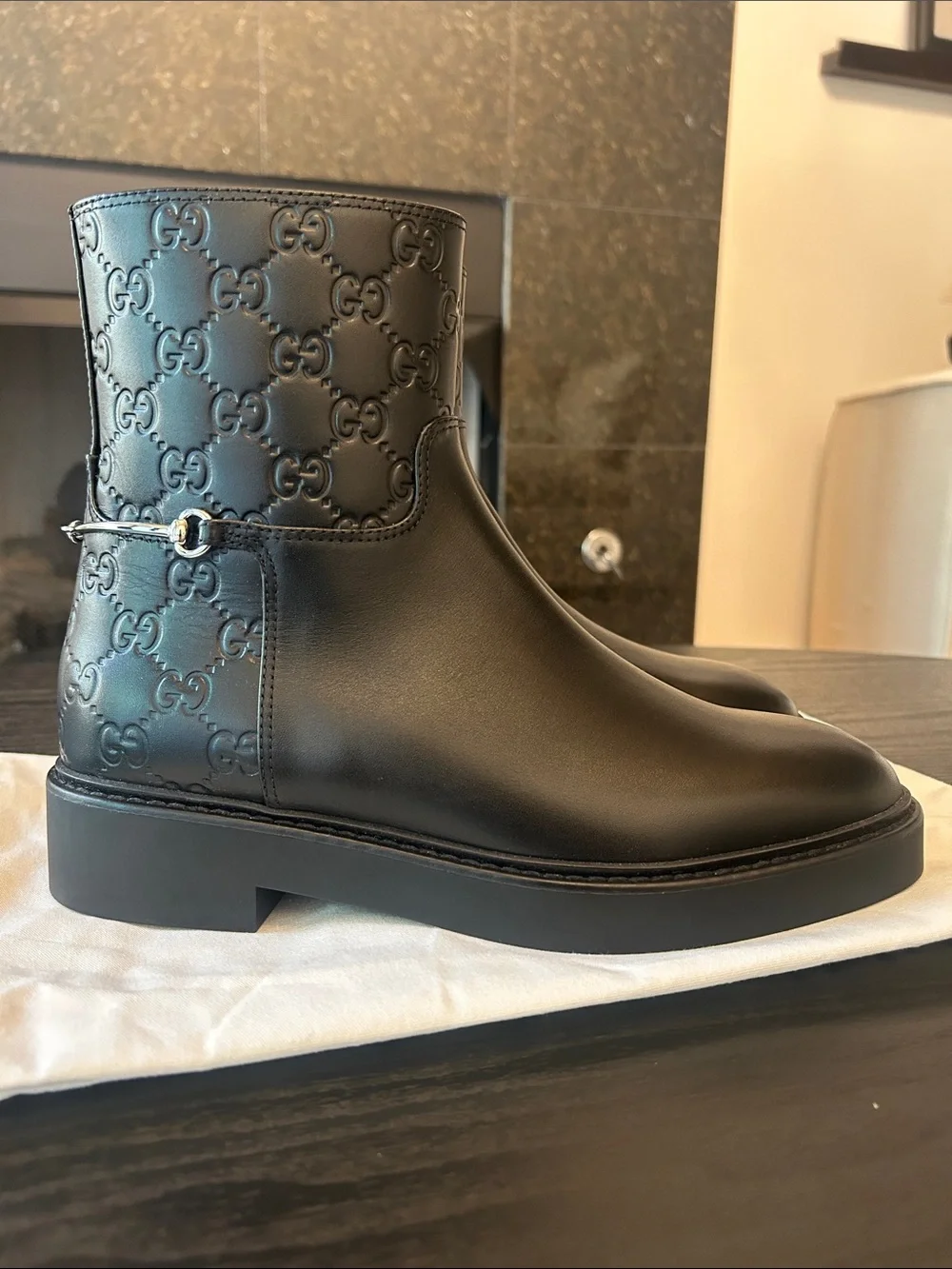 Gucci Black Embossed GG Leather Ankle Boots